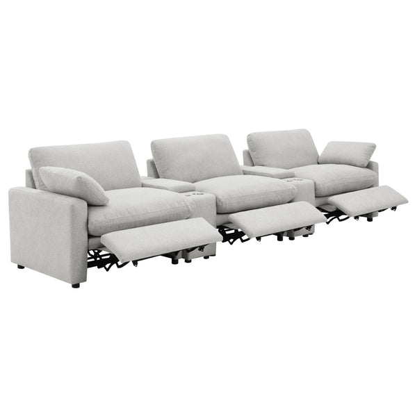 English Elm Hollander Power Reclining Home Theater Set with Storage Consoles in Grey Polyester B062S01963