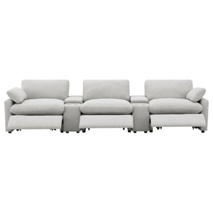 English Elm Hollander Power Reclining Home Theater Set with Storage Consoles in Grey Polyester B062S01963