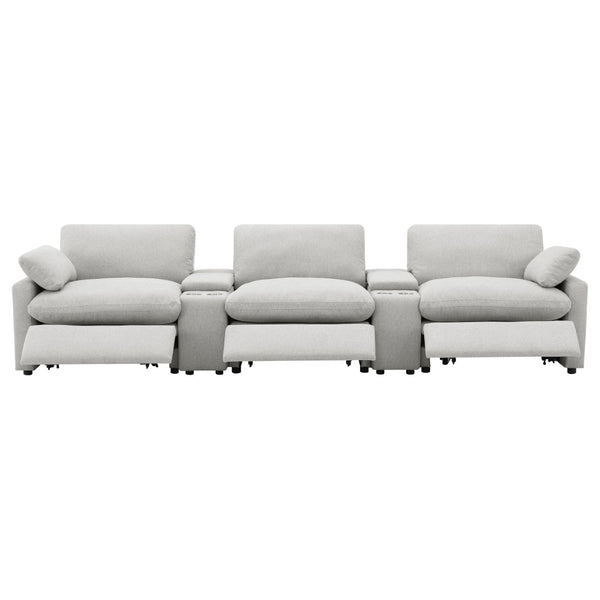 English Elm Hollander Power Reclining Home Theater Set with Storage Consoles in Grey Polyester B062S01963