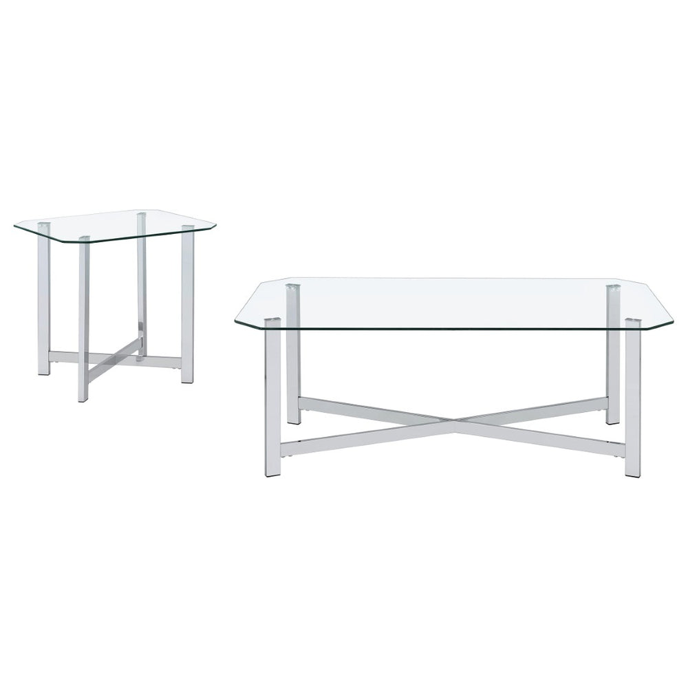 English Elm Linda Chrome and Tempered Glass 2 Piece Coffee Table Set for Modern Living Rooms B062S01973