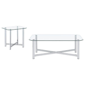 English Elm Linda Chrome and Tempered Glass 2 Piece Coffee Table Set for Modern Living Rooms B062S01973