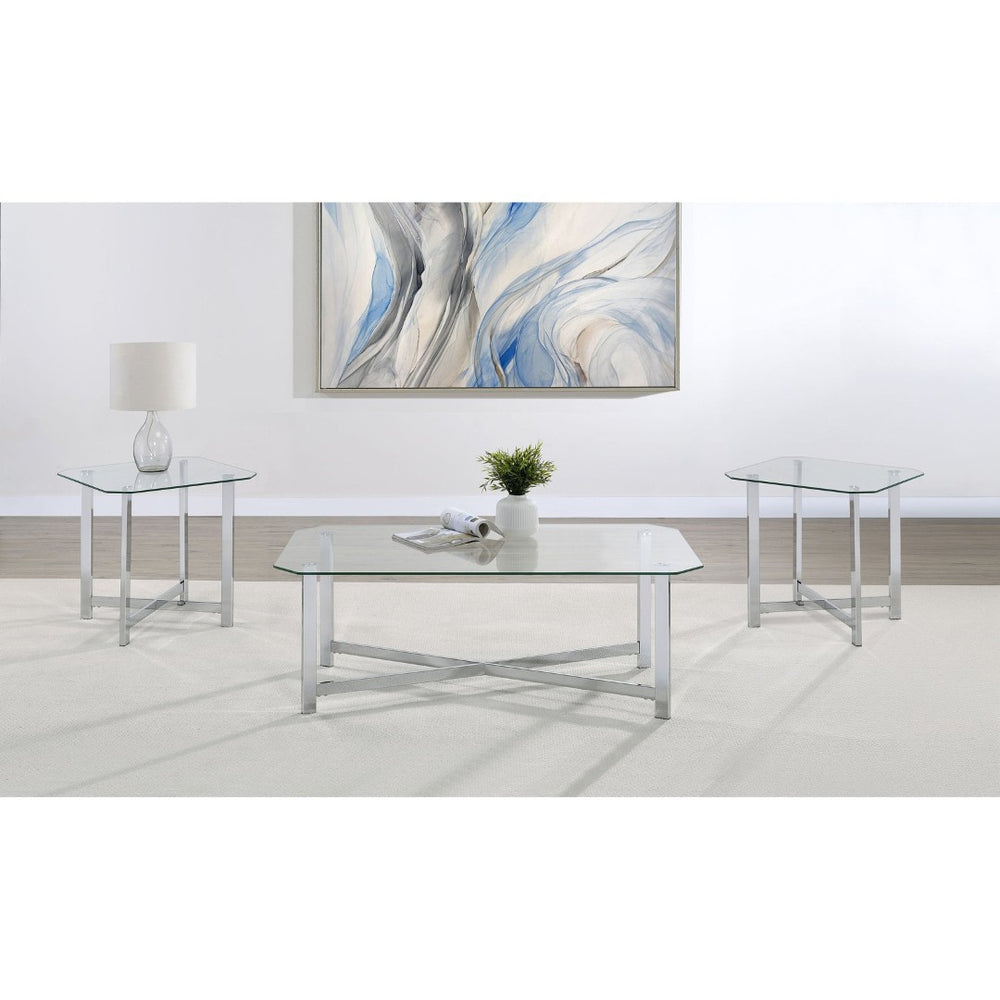 English Elm Linda Chrome and Tempered Glass 3 Piece Living Room Coffee Table Set with Open Base B062S01974