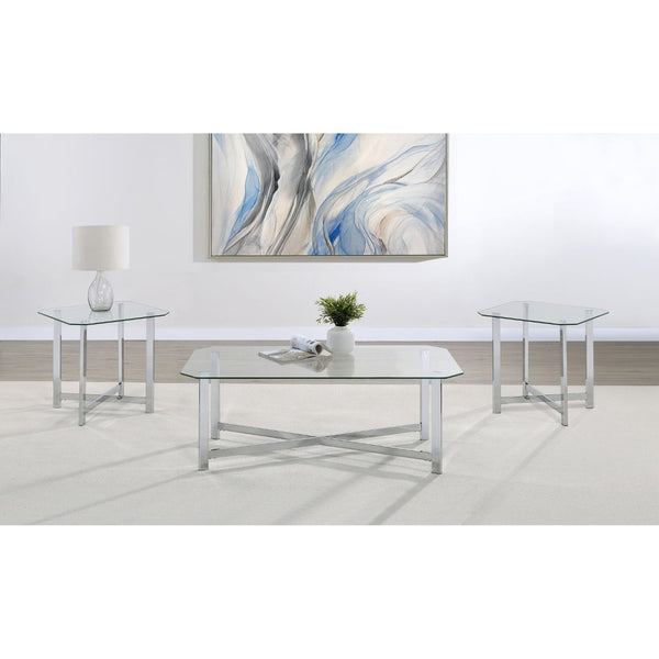 English Elm Linda Chrome and Tempered Glass 3 Piece Living Room Coffee Table Set with Open Base B062S01974