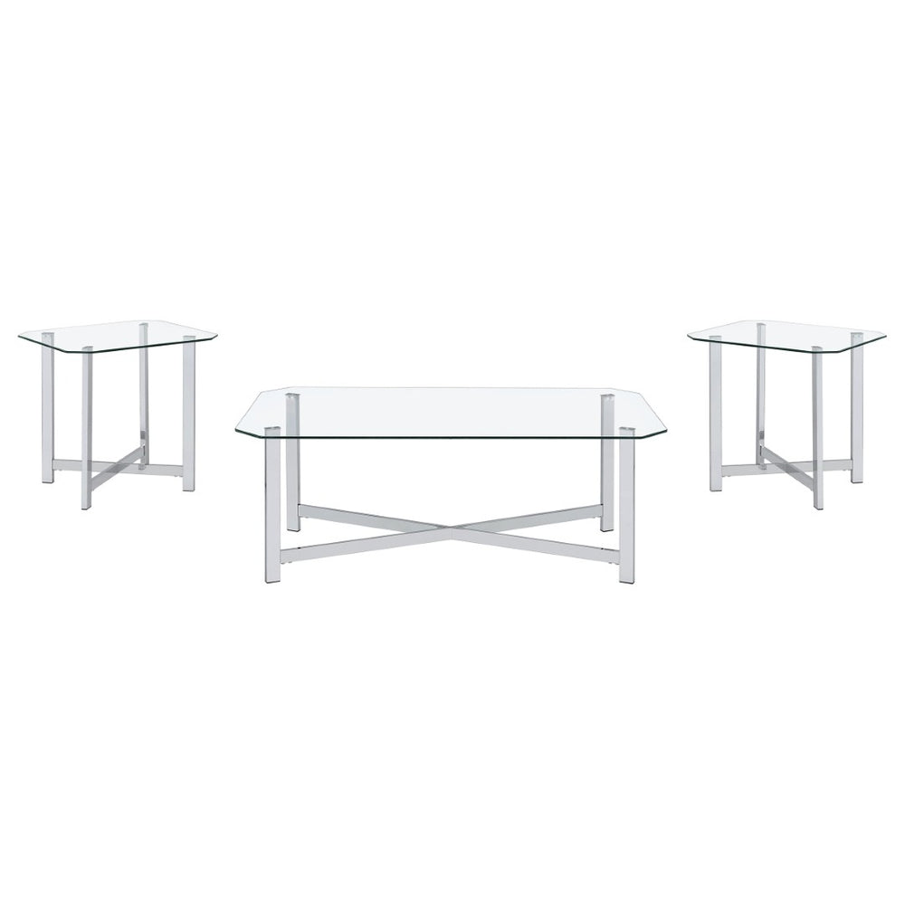 English Elm Linda Chrome and Tempered Glass 3 Piece Living Room Coffee Table Set with Open Base B062S01974