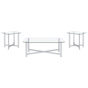 English Elm Linda Chrome and Tempered Glass 3 Piece Living Room Coffee Table Set with Open Base B062S01974