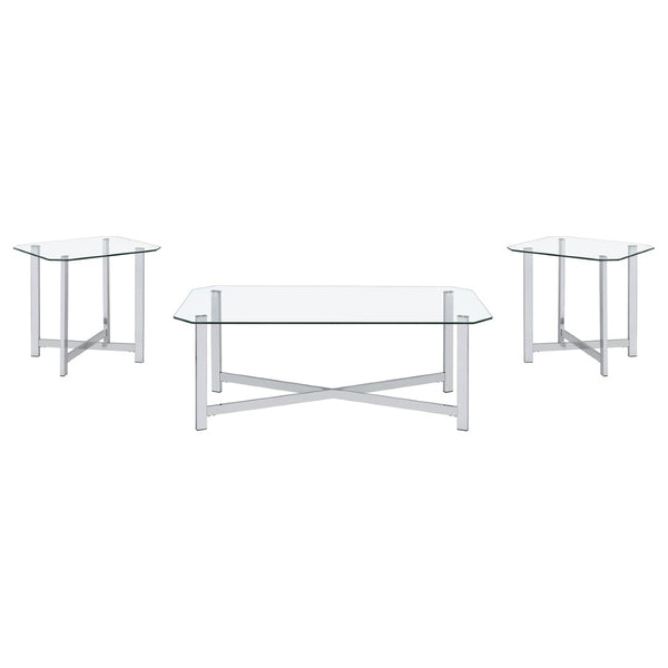 English Elm Linda Chrome and Tempered Glass 3 Piece Living Room Coffee Table Set with Open Base B062S01974