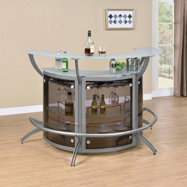 English Elm Elaina Three Piece Glam Home Bar with Smoked Acrylic Panels and Frosted Glass Tops B062S01977
