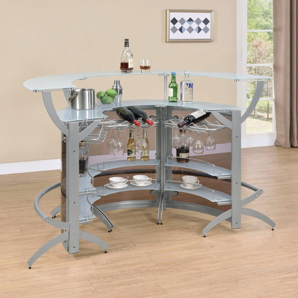 English Elm Elaina Three Piece Glam Home Bar with Smoked Acrylic Panels and Frosted Glass Tops B062S01977