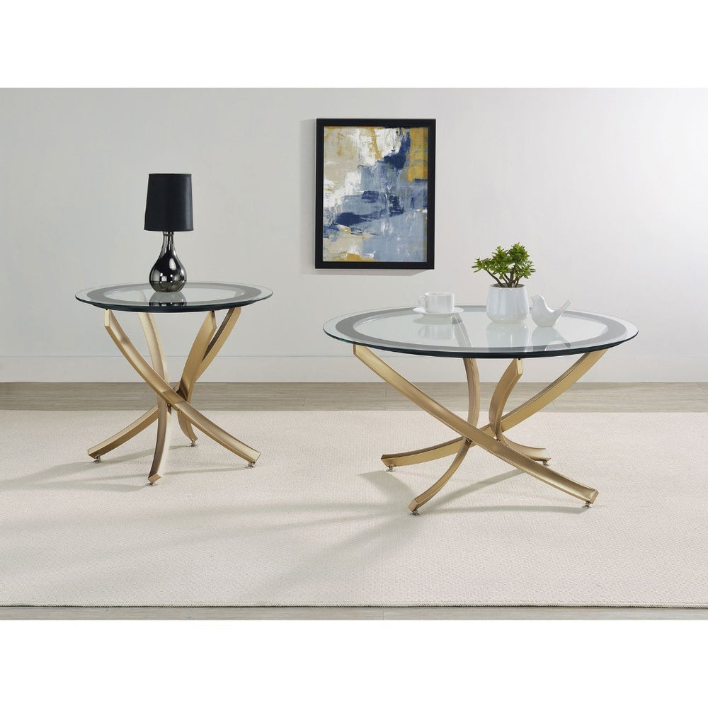 English Elm Connors Rose Brass Tempered Glass Round 2 Piece Coffee and Side Table Set B062S02004
