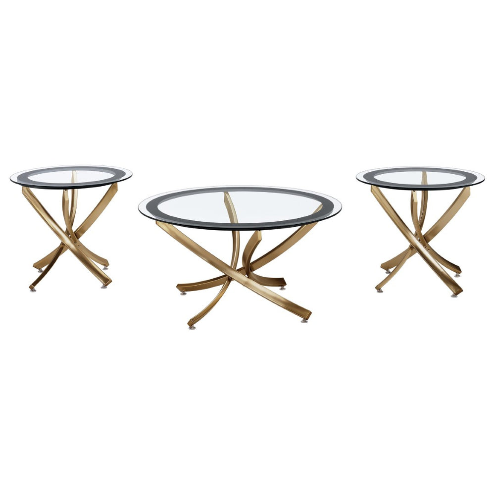 English Elm Connors Rose Brass Sculptural 3 Piece Round Glass Top Living Room Table Set B062S02005