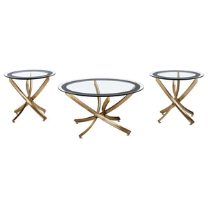 English Elm Connors Rose Brass Sculptural 3 Piece Round Glass Top Living Room Table Set B062S02005