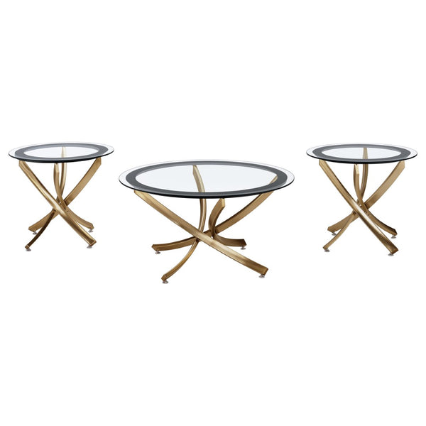 English Elm Connors Rose Brass Sculptural 3 Piece Round Glass Top Living Room Table Set B062S02005