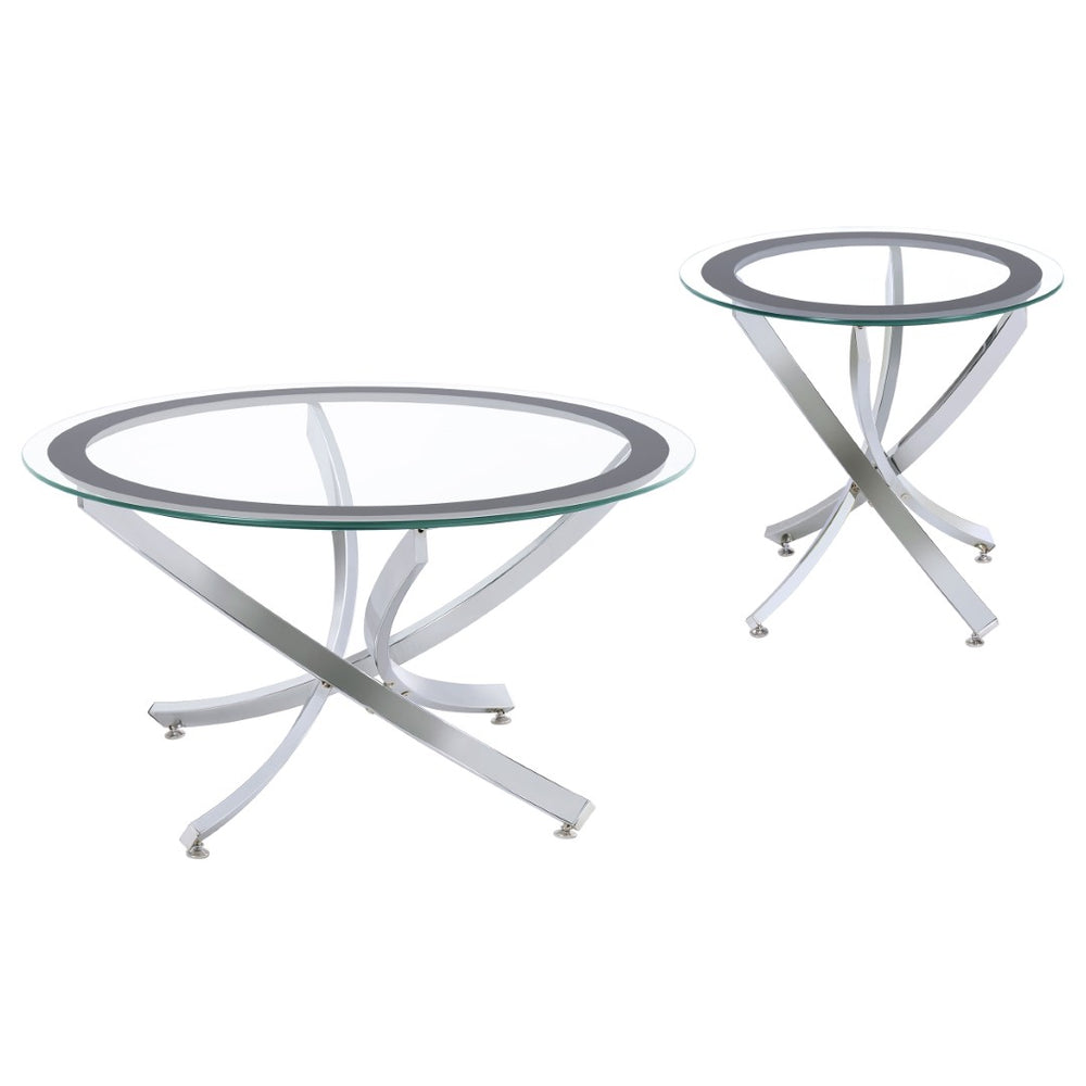 English Elm Connors Chrome Glass Round Coffee and End Table Set for Modern Living Rooms B062S02006