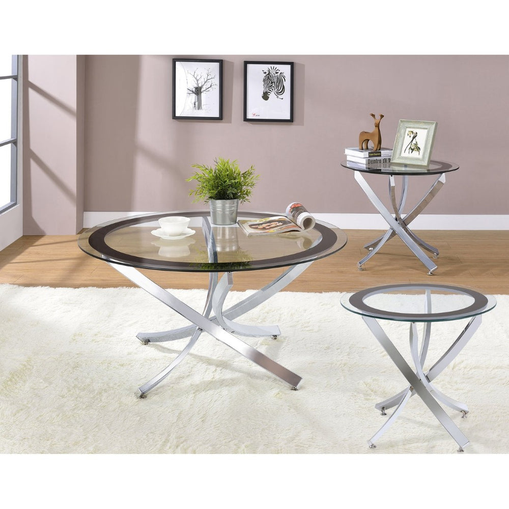 English Elm Connors Round Glass and Chrome 3 Piece Living Room Coffee End Table Set B062S02007