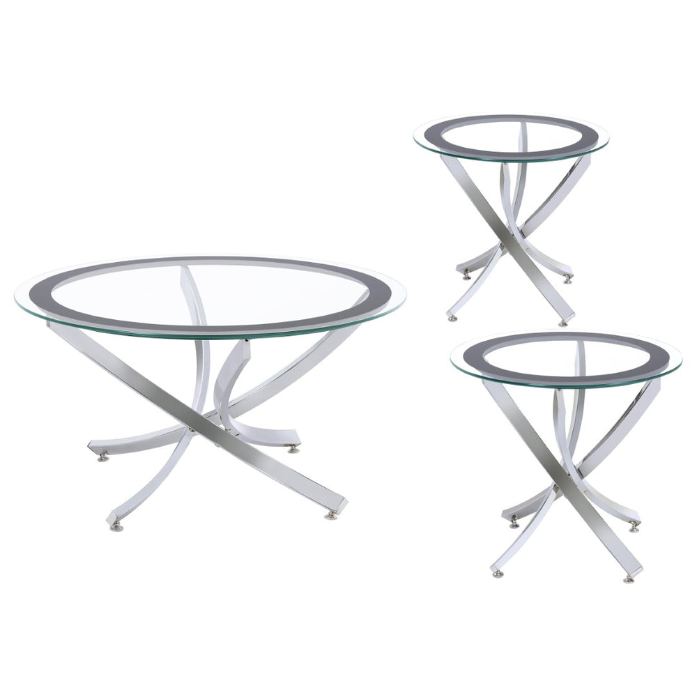 English Elm Connors Round Glass and Chrome 3 Piece Living Room Coffee End Table Set B062S02007