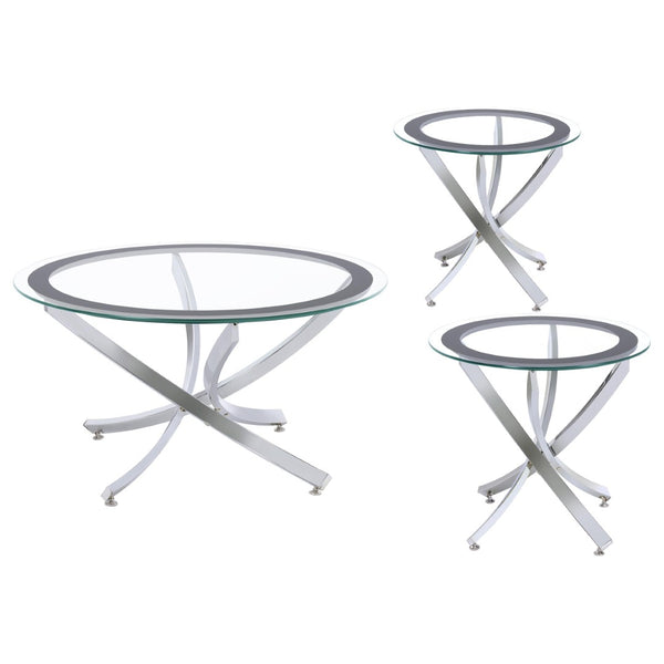English Elm Connors Round Glass and Chrome 3 Piece Living Room Coffee End Table Set B062S02007