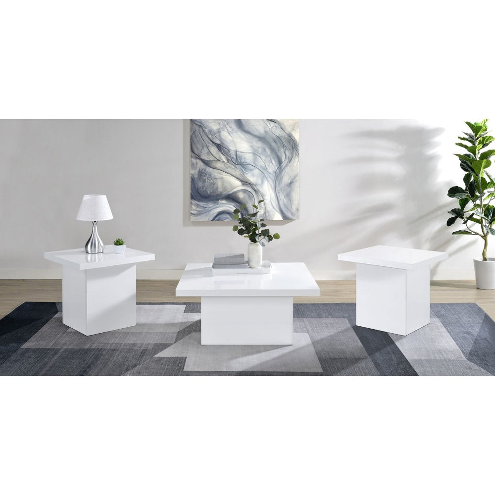 English Elm Eldridge Gloss White Square Coffee Table Set Sculptural Plinth Base Living Room Trio B062S02044