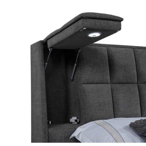 English Elm Oliver Grey Tufted Queen Bed with LED Lights Built-In Console and Padded Rail Seating B062S02050