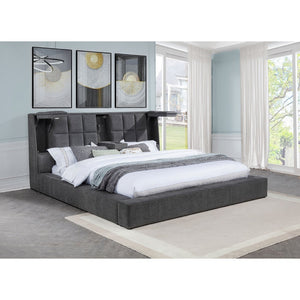 English Elm Oliver Grey Tufted Queen Bed with LED Lights Built-In Console and Padded Rail Seating B062S02050
