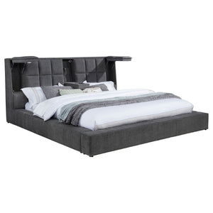 English Elm Oliver Grey Tufted Queen Bed with LED Lights Built-In Console and Padded Rail Seating B062S02050