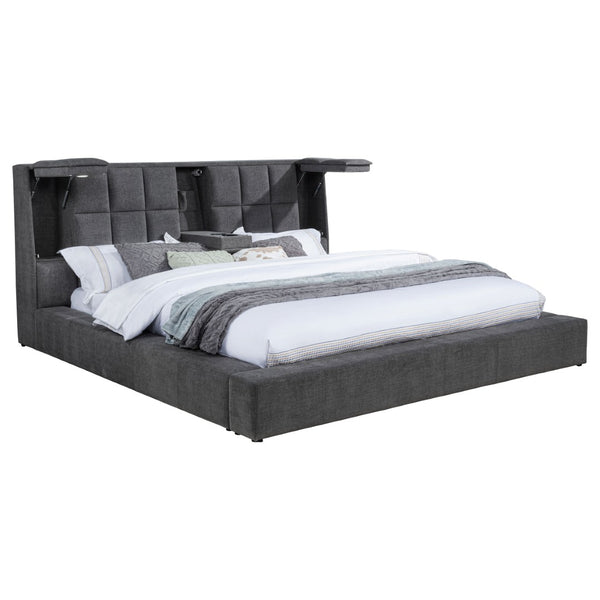 English Elm Oliver Grey Tufted Queen Bed with LED Lights Built-In Console and Padded Rail Seating B062S02050