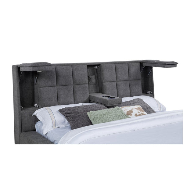 English Elm Oliver Grey Tufted Queen Bed with LED Lights Built-In Console and Padded Rail Seating B062S02050