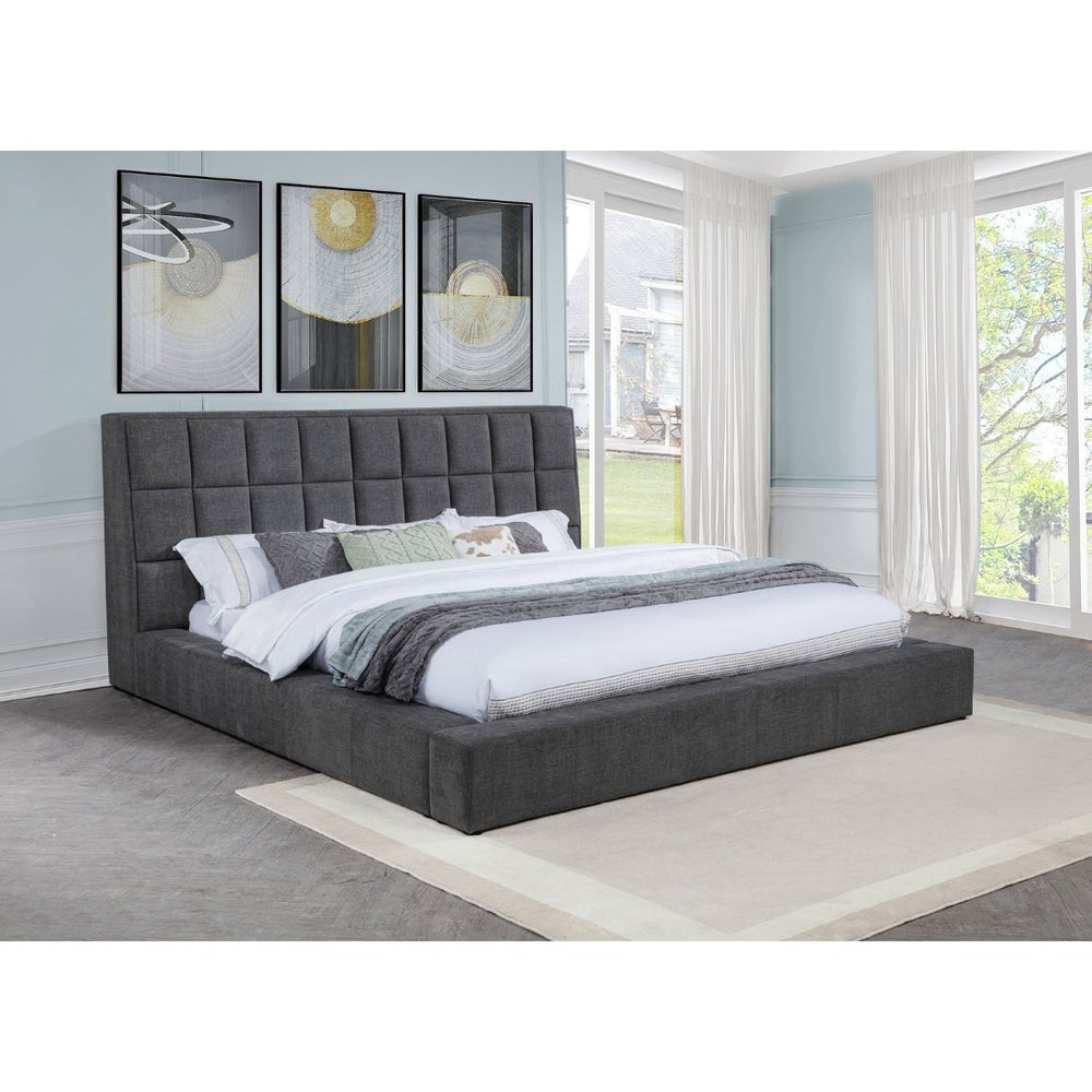 English Elm Oliver Grey Tufted Upholstered Eastern King Bed with LED Headboard and Storage Console B062S02051