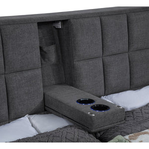 English Elm Oliver Grey Tufted Upholstered Eastern King Bed with LED Headboard and Storage Console B062S02051