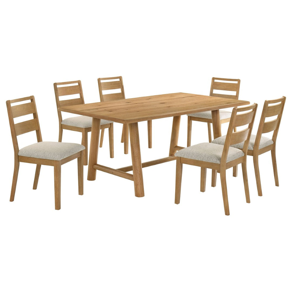 English Elm Lytton Oak Veneer Trestle Dining Set Seats Six with Bouclé Ladder Back Chairs B062S02053
