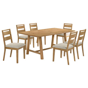 English Elm Lytton Oak Veneer Trestle Dining Set Seats Six with Bouclé Ladder Back Chairs B062S02053