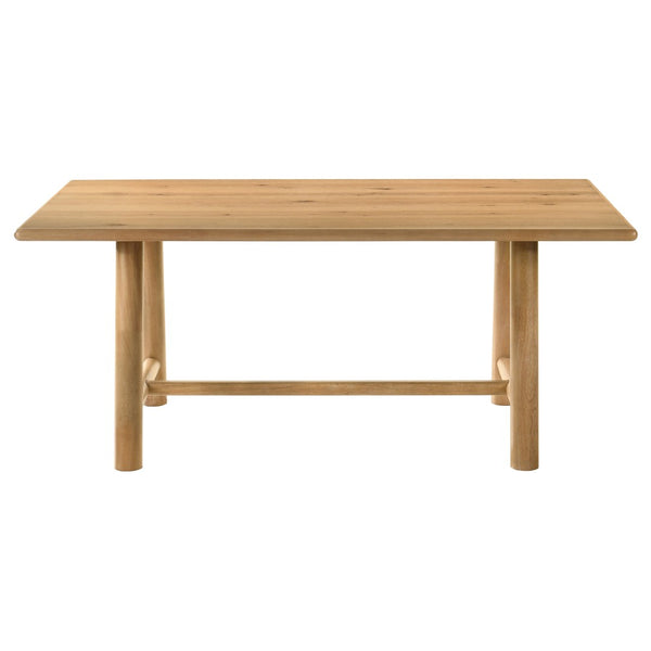 English Elm Lytton Oak Veneer Trestle Dining Set Seats Six with Bouclé Ladder Back Chairs B062S02053