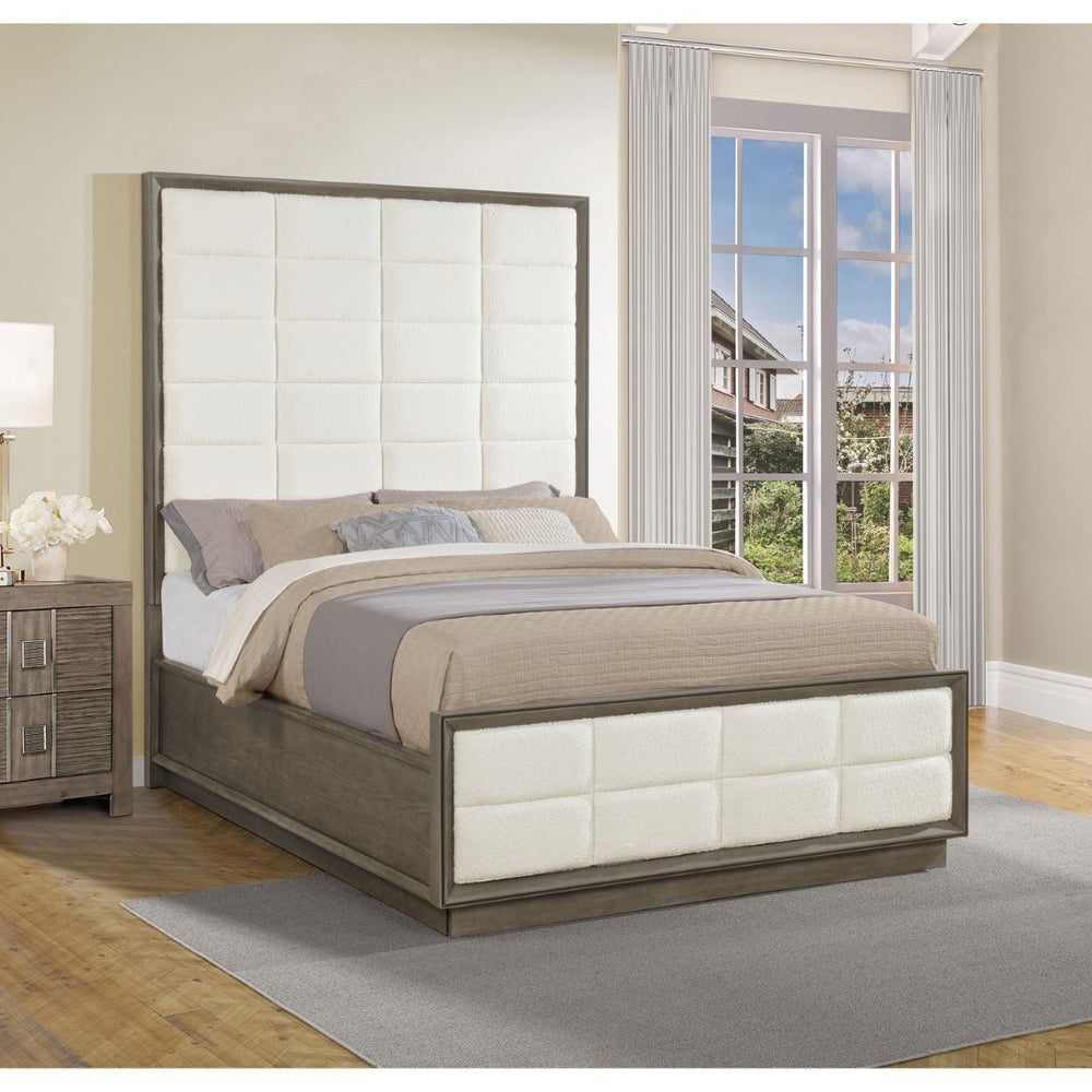 English Elm Prescott Queen Panel Bed Tall Grid Tufted Headboard Cream Upholstered Oak Frame B062S02055