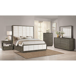 English Elm Prescott Queen Panel Bed Tall Grid Tufted Headboard Cream Upholstered Oak Frame B062S02055