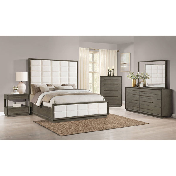 English Elm Prescott Queen Panel Bed Tall Grid Tufted Headboard Cream Upholstered Oak Frame B062S02055