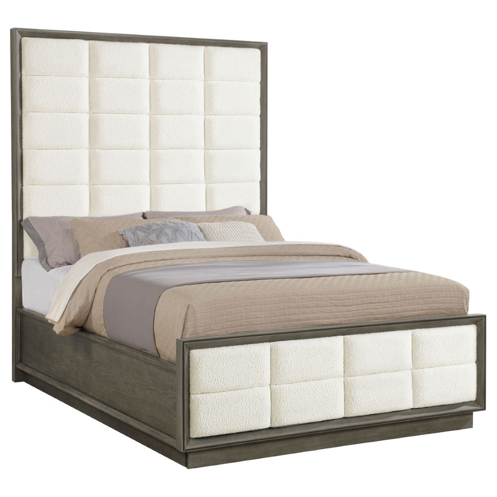 English Elm Prescott Queen Panel Bed Tall Grid Tufted Headboard Cream Upholstered Oak Frame B062S02055