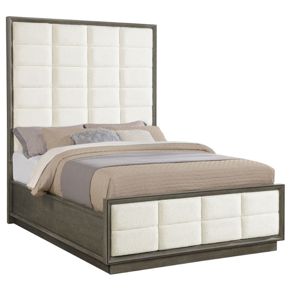 English Elm Prescott Queen Panel Bed Tall Grid Tufted Headboard Cream Upholstered Oak Frame B062S02055