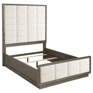 English Elm Prescott Queen Panel Bed Tall Grid Tufted Headboard Cream Upholstered Oak Frame B062S02055