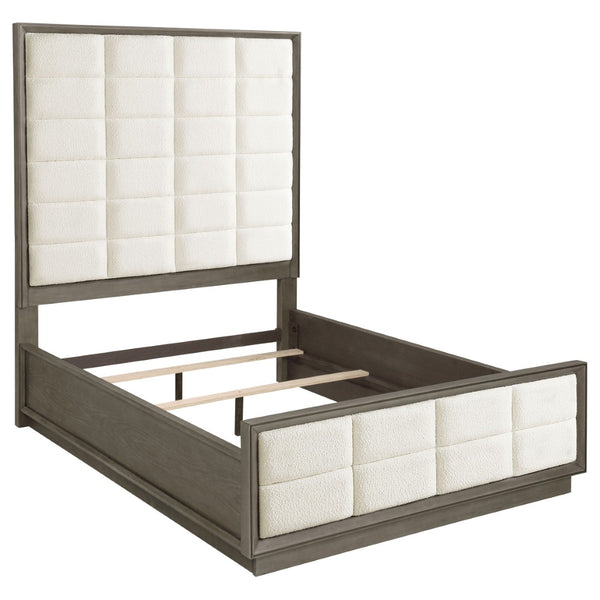 English Elm Prescott Queen Panel Bed Tall Grid Tufted Headboard Cream Upholstered Oak Frame B062S02055
