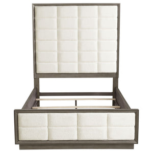 English Elm Prescott Queen Panel Bed Tall Grid Tufted Headboard Cream Upholstered Oak Frame B062S02055