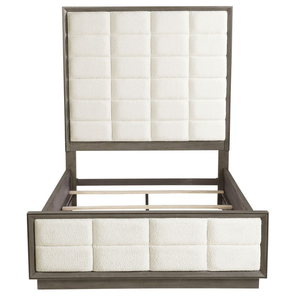 English Elm Prescott Queen Panel Bed Tall Grid Tufted Headboard Cream Upholstered Oak Frame B062S02055