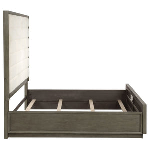 English Elm Prescott Queen Panel Bed Tall Grid Tufted Headboard Cream Upholstered Oak Frame B062S02055