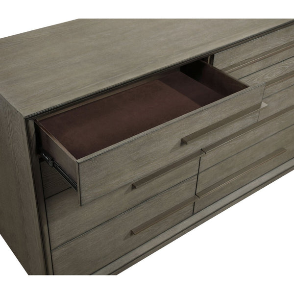 English Elm Prescott Eight Drawer Dresser with Mirror Poplar Birch Build for Modern Bedrooms Taupe Oak B062S02056