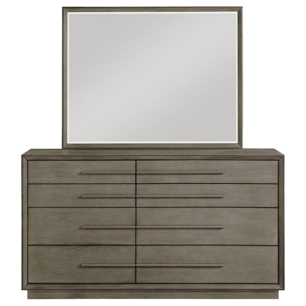 English Elm Prescott Eight Drawer Dresser with Mirror Poplar Birch Build for Modern Bedrooms Taupe Oak B062S02056