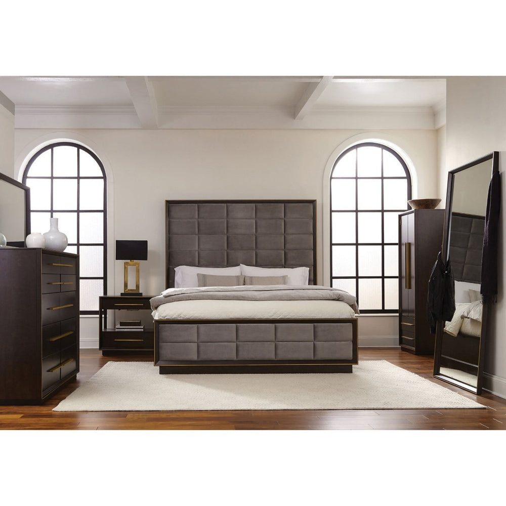 English Elm Prescott Queen Bedroom Set Grey Velvet Tufted Headboard Dark Wood Four Piece Suite B062S02057