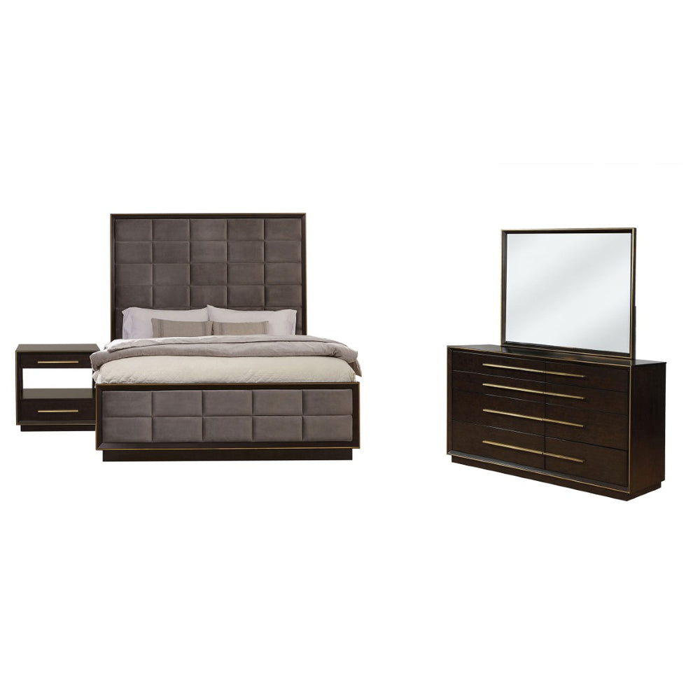 English Elm Prescott Queen Bedroom Set Grey Velvet Tufted Headboard Dark Wood Four Piece Suite B062S02057