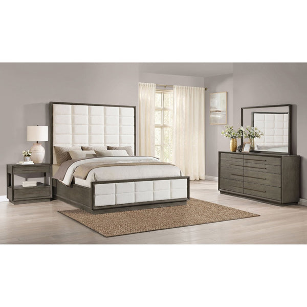 English Elm Prescott Eastern King Bedroom Set Velvet Tufted Headboard Gold Hardware Dark Wood Taupe Oak B062S02061