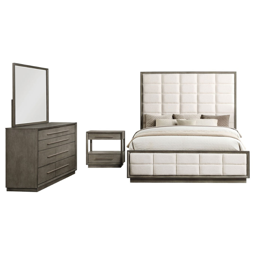 English Elm Prescott Eastern King Bedroom Set Velvet Tufted Headboard Gold Hardware Dark Wood Taupe Oak B062S02061