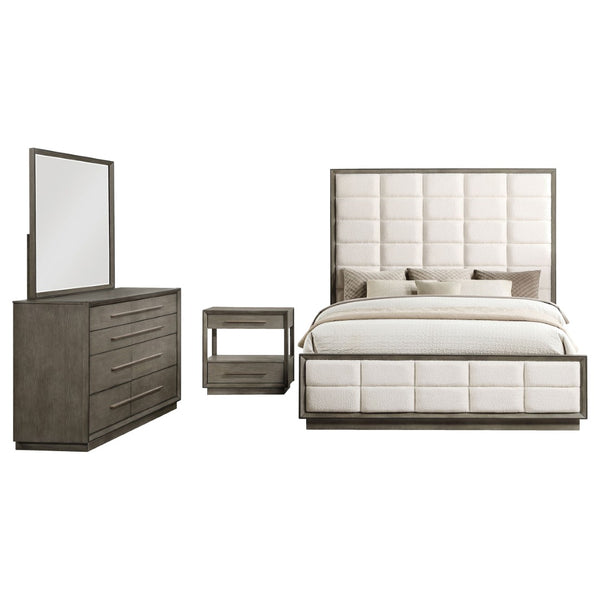 English Elm Prescott Eastern King Bedroom Set Velvet Tufted Headboard Gold Hardware Dark Wood Taupe Oak B062S02061