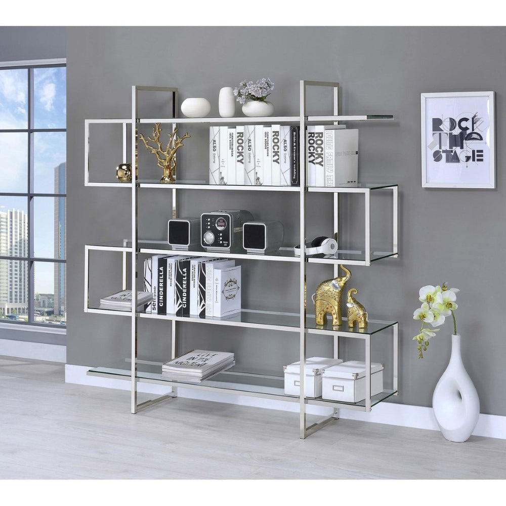 English Elm Harison Five Tier Tempered Glass Bookcase with Polished Chrome Frame for Modern Spaces B062S02067