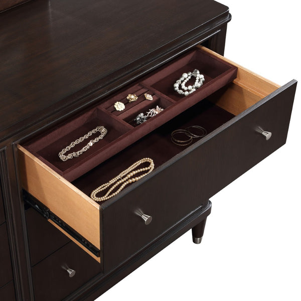 English Elm Navarro Six Drawer Dresser with Beveled Mirror Rich Brown Finish Bedroom Storage B062S02076